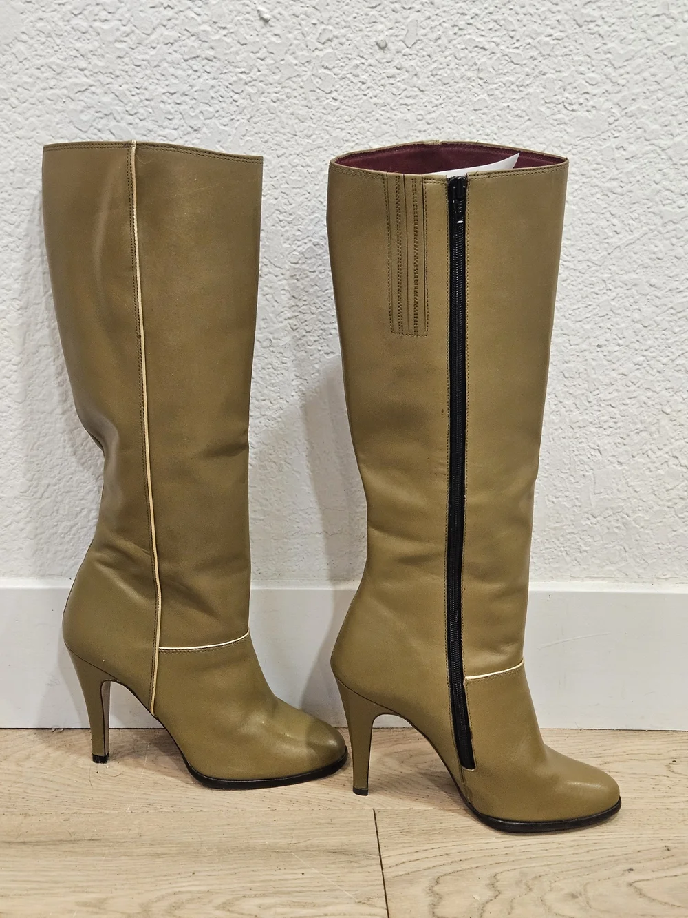 Vintage The Wild Pair Olive Leather Stiletto Knee High Boots Retro 1970/80s